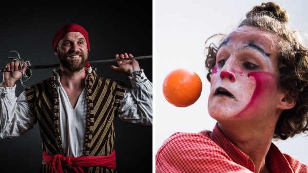 Pirate costume on man (left) and a clown with fruit (right). Sources: Joestunt / overmundo
