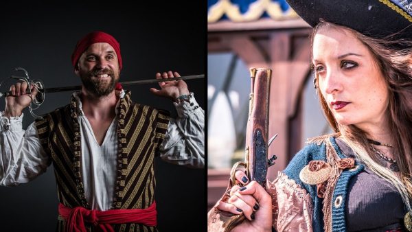 A man in a pirate suit preparing to fight (left), and a woman in a pirate suit preparing to shoot (right).