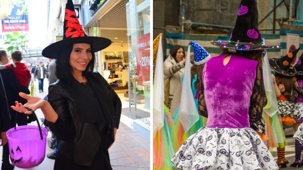 A woman in black witch costume (left), and the rear view of a woman in purple witch attire