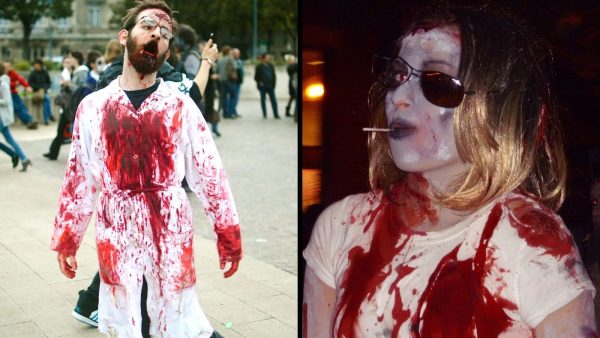 A man in a lab coat smothered in fake blood (left), and a girl with a bloody shirt (right)