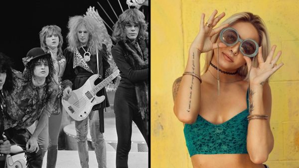 The New York Dolls (left), and a modern girl channeling 80s influences in fashion (right). 