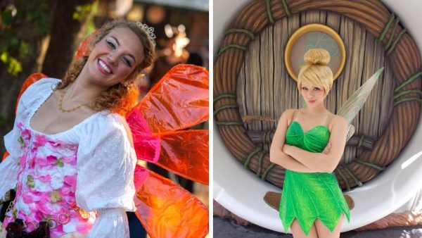 A woman in a fairy costume (left), and Tinkerbell at Disneyland.