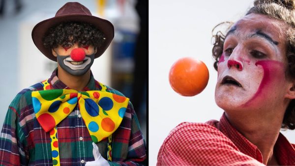 A man in a clown suit (left), and a clown mid-action (right). 