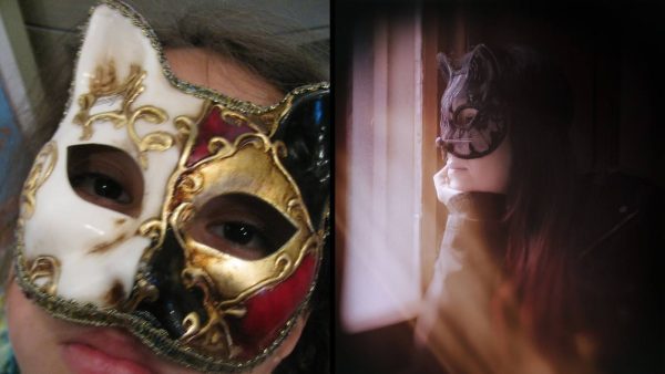 A cat mask with ordinary clothes (left), and a cat mask in darker, thematic clothes. 