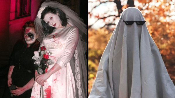 A woman, a ghost, a bride, waiting for her love (left), and a man in a ghost costume (right)